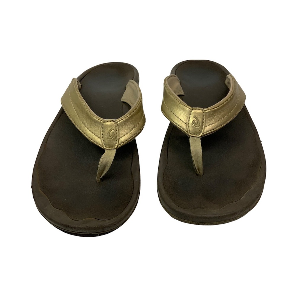Olukai Ohana Gold Black Flip Flops Thong Sandals US 9.5 See Description